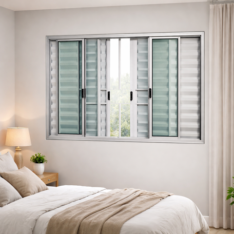 Veneziana de Correr 6 Folhas com Grade de Alumínio Branco 120x120