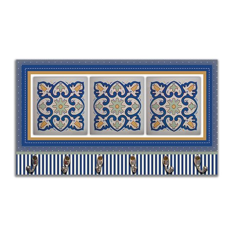 Cabideiro de Parede Porta Colar Chaves Cintos Toalhas - Azulejo Azul