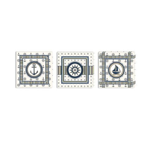 Conjunto Kit com 3 Quadros Náuticos Decorativos Linha Náutica Marinheiro Mar 3