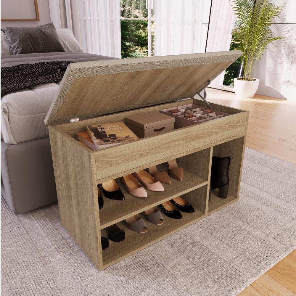 Sapateira Baú com Tampo Estofado 81cm 03 Nichos Linha Sp Sp080 Completa Móveis - Oak