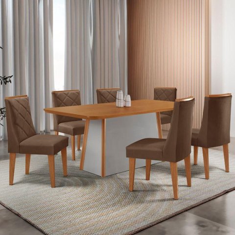 Mesa de Jantar Diane 180cm Tampo MDF Lam 6 Cadeiras Isadora Moderna Veludo Marrom Naturale Off White