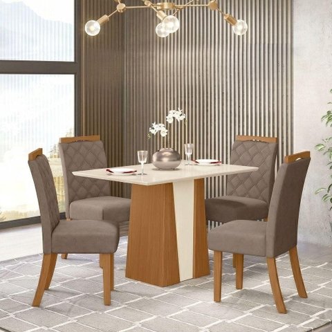 Conjunto Sala de Jantar Layla Style 4 Lugares Tampo MDF Cadeiras Suede Amêndoa 120cm Casa 812