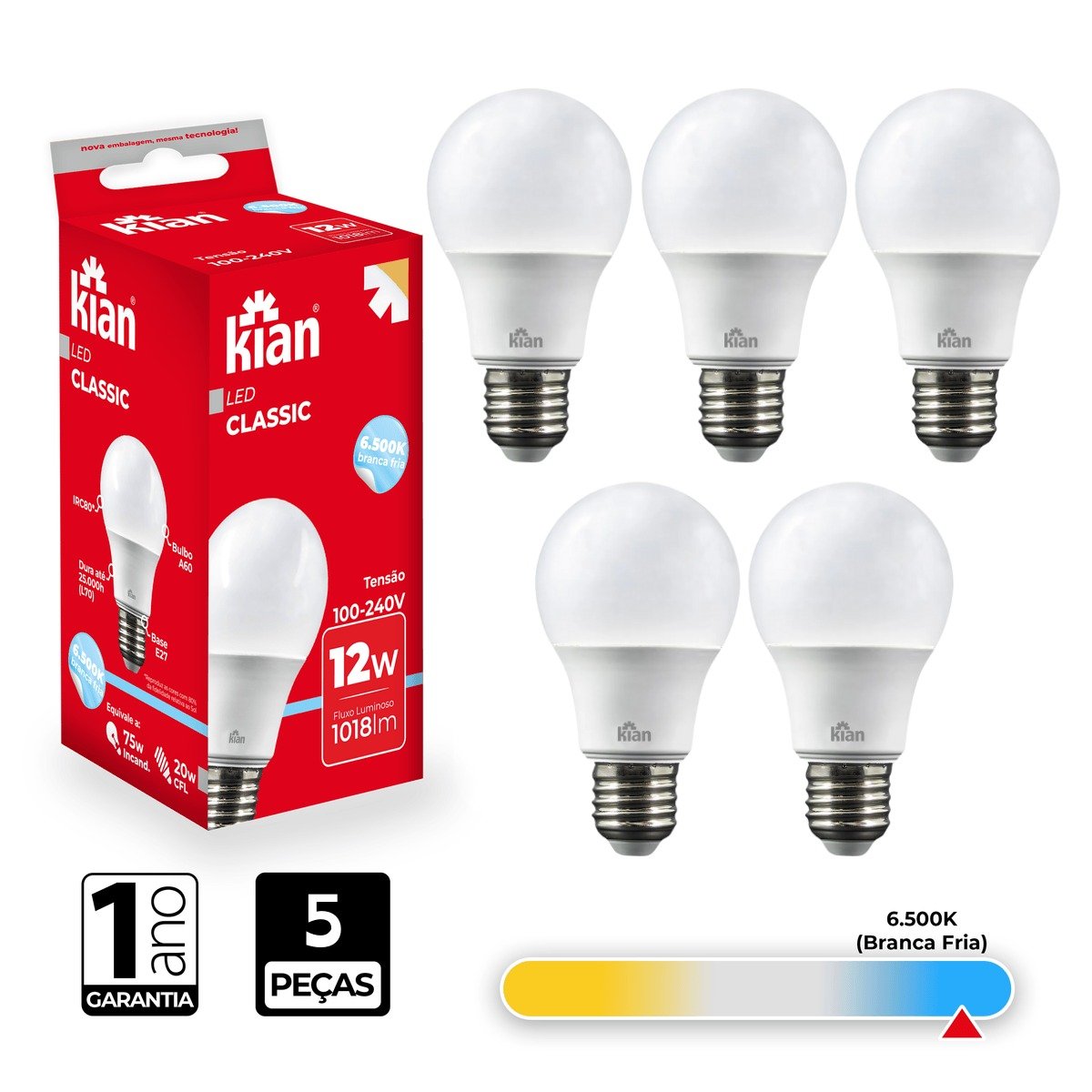 Lâmpada Led Bulbo Kian 12w 6500k Branca Fria 5 Peças - 2