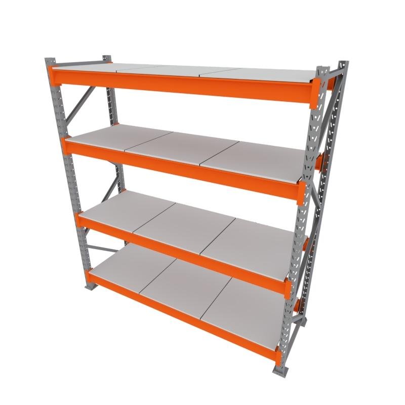 Gôndola 1 Mini Porta Pallet 250kg 180x200x60 (CxLxP) Cinza com Laranja e Bandejas MDF Branco