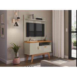 Rack + Painel Si 0.90m Estilo Retrô para Tv até 32'' Polegadas Cor Off White / Cinamomo