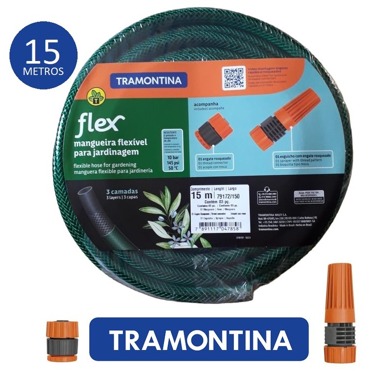 Mangueira Jardim Flexível Com Engate Rosqueado e Esguicho 15 Metros - Tramontina
