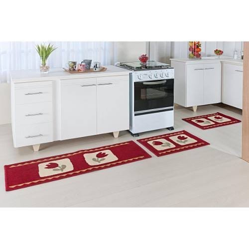 Jogo de Tapetes para Cozinha 3 Peças Antiderrapante Tulipas Madrid Oásis - Vermelho - Tulipas - 1