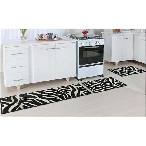 Jogo de Tapetes para Cozinha 3 Peças Antiderrapante Kenia Madrid Oásis - Preto - Estampado - 1