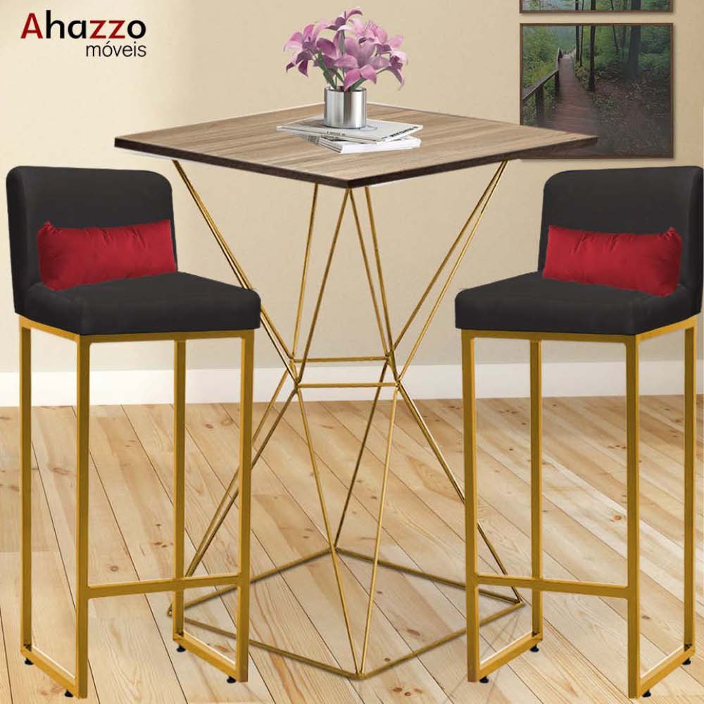Kit Mesa Bistrô Lucca e 3 Banqueta Lucca Tampo Freijó Ferro Dourado Suede Cinza e Almofada Vermelho  - 2