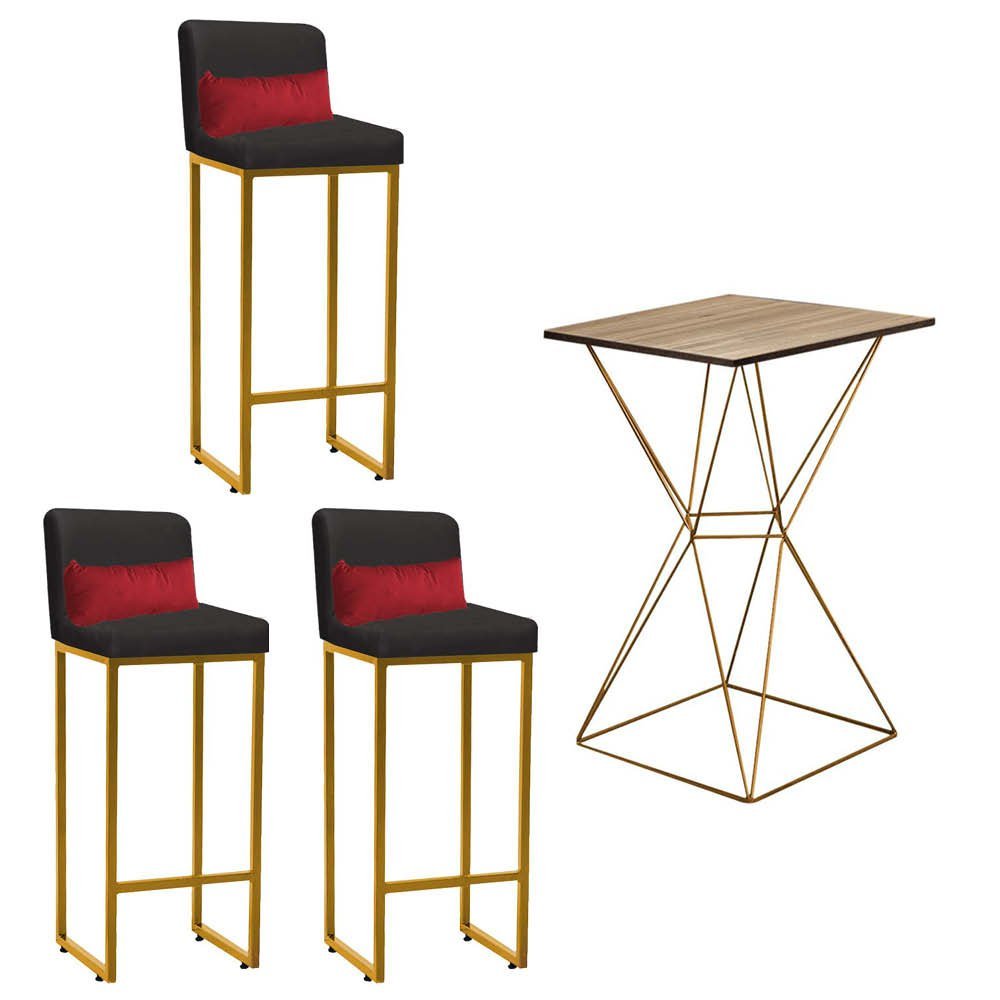 Kit Mesa Bistrô Lucca e 3 Banqueta Lucca Tampo Freijó Ferro Dourado Suede Cinza e Almofada Vermelho  - 1