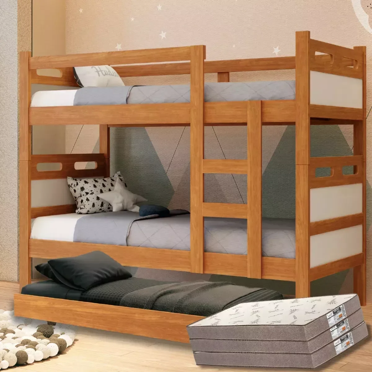 Ver imagem 1 de Beliche Jaspe com Cama Auxiliar 03 Colchões D33 Cor:nature/off