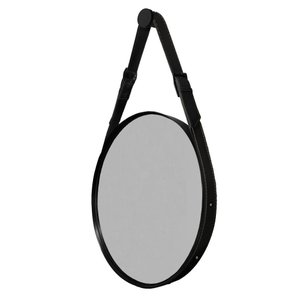 Espelho Decorativo Redondo com Moldura em Couro 55 cm Cor:Preto