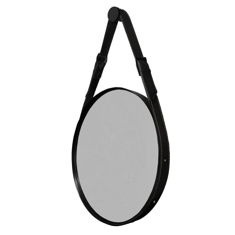 Espelho Decorativo Redondo com Moldura em Couro 55 cm Cor:Preto