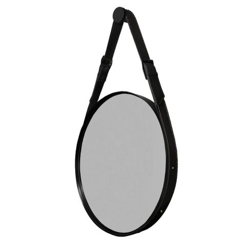 Espelho Decorativo Redondo com Moldura em Couro 55 cm Cor:Preto