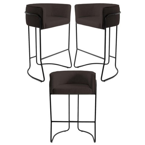 3 Banquetas Base Aço Preto Betina C-34 Marrom Escuro Domi