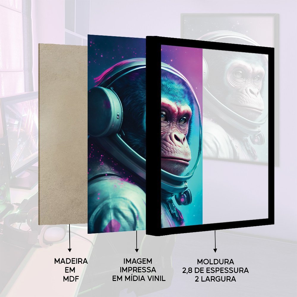 Quadro Decorativo Astronauta Macaco Moldura Cx Alta 40x60cm Arte na Arte Moldura Madeira - 4