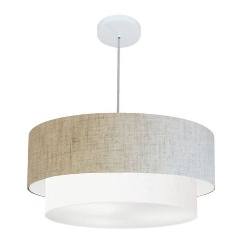 Lustre Pendente Cilíndrico Vivare Md-4357 Cupula Tecido 60x50cm - Rustico Bege / Branco