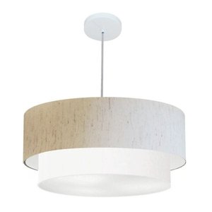 Lustre Pendente Cilíndrico Vivare Md-4353 Cupula Tecido 60x50cm - Linho Bege / Branco
