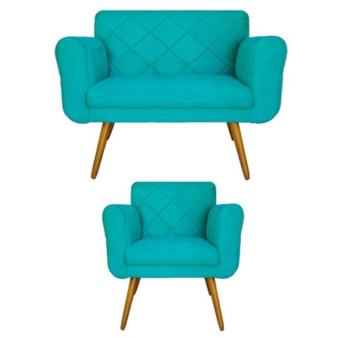 Jogo Namoradeira e 1 Poltrona Estofada Salão de Beleza Isabella Suede Azul Turquesa - LM DECOR