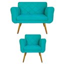 Ver imagem 1 de Jogo Namoradeira e 1 Poltrona Estofada Salão de Beleza Isabella Suede Azul Turquesa - LM DECOR
