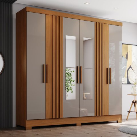 Guarda Roupa Roupeiro Casal Francês B367 Briz 6 Portas 3 Gavetas com Espelho Cinamomo Avelã Henn