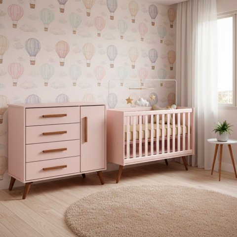 Quarto Bebê Infantil Q Encanto Berço Vira Cama e Comoda Sapateira 1 Portas 4 Gavetas Retrô Qmovi