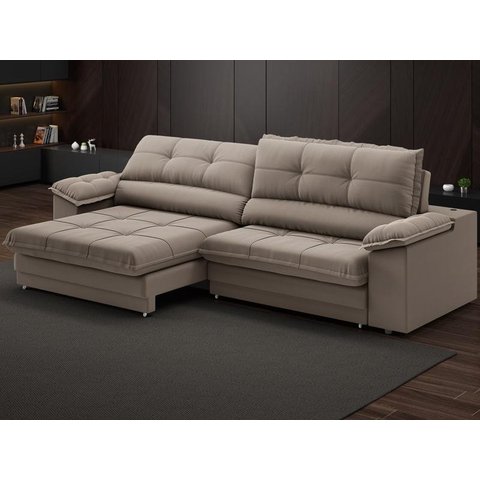 Sofá com Carregador USB Retrátil Reclinável Montreal 2,90m Velosuede Capuccino - NETSOFAS