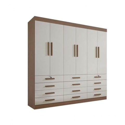 Guarda Roupa Casal 6 Portas 12 Gavetas sem Pés Mônaco Plus D' Doro Castanho/off White