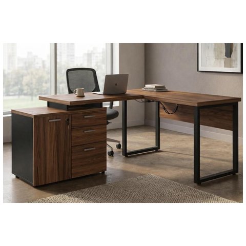Mesa Escritório em L 1,70x1,50m (Extensível) com Armário Misto (03 Gav.) Nogal / Preto 31603