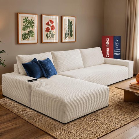 Sofá Modular Evo de 3 Lugares com Chaise Esq Two 2,70m Boost Tech em Velourê Bege Cama Inbox