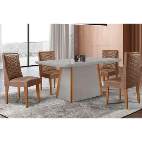 Conjunto Sala de Jantar Tilia C/ Tampo Madeirado C/ Vidro Canto Curvo 120x80cm e 4 Cadeiras Dafne