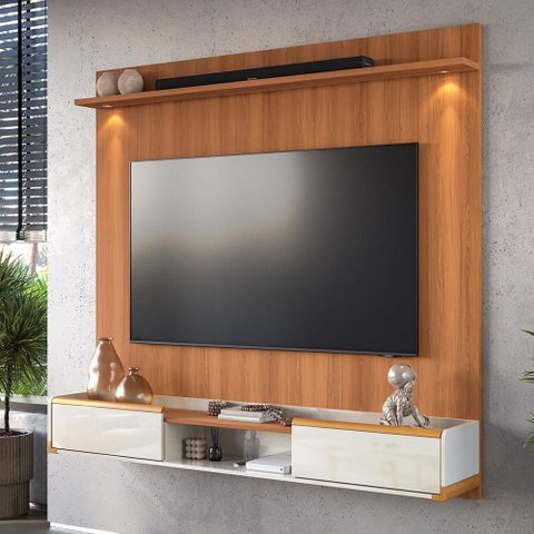Painel River 1.8 com Led + Rack Bancada Atlas 1.8 Lukaliam Móveis Jequitiba/off White