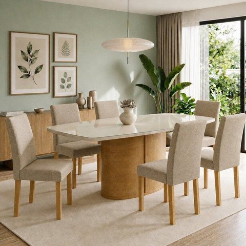 Conjunto de Mesa de Jantar 6 Lugares 180x90cm com Vidro Cinamomo e Off White