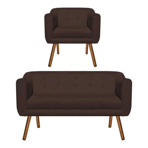 Kit Sofá Retrô Poltrona Namoradeira 02 Lugares e Poltrona Decorativa Julia Suede Marrom - D'Rossi