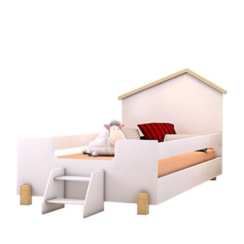 Cama Casinha Montessoriana Solteiro com Escadinha Branco Ayla Divaloto
