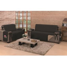 Protetor de Sofá Premium com Laços 2/3 Lugares King Dupla Face Preto/cáqui - Algodão - 1