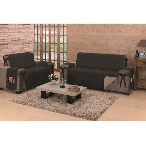 Protetor de Sofá Premium com Laços 2/3 Lugares King Dupla Face Preto/cáqui - Algodão