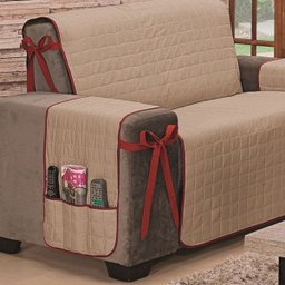 Protetor de Sofá Premium com Laços 3 Lugares Avulso Dupla Face Cáqui/Vermelho - Algodão - 3