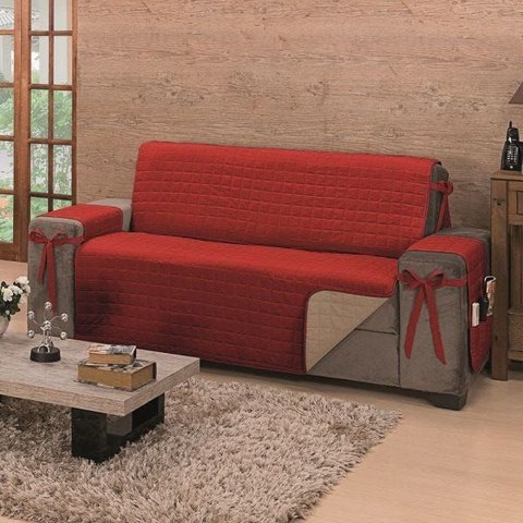 Protetor de Sofá Premium com Laços 3 Lugares Avulso Dupla Face Vermelho/cáqui - Algodão