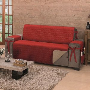 Protetor de Sofá Premium com Laços 3 Lugares Avulso King Dupla Face Vermelho/cáqui - Algodão