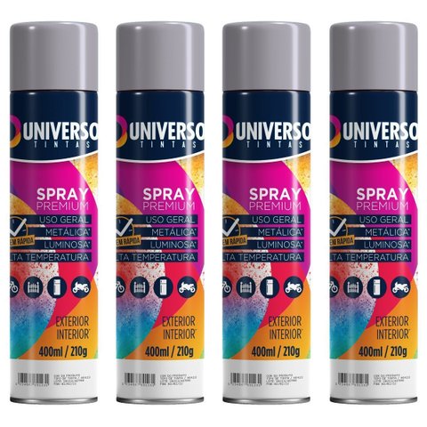 Tinta Spray 400ml Cinza Uso Geral em Aço Ferro Gesso Cerâmica Couro | Universo | Kit 04 Un