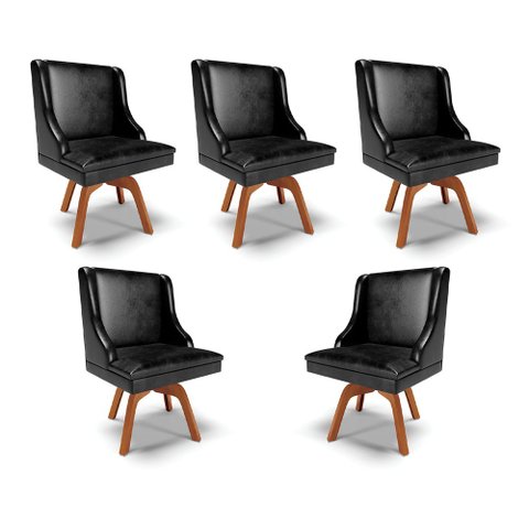 Kit 5 Cadeiras Decorativas Sala de Jantar Base Giratória de Madeira Firenze PU Preto Brilho/Natural 