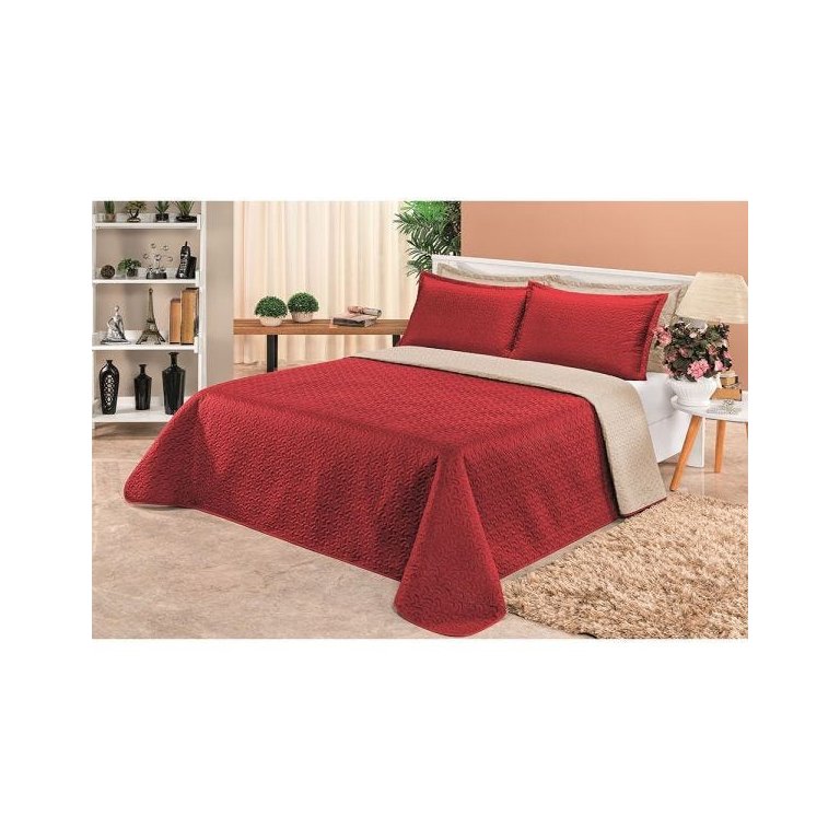 Cobre Leito Casal Padrão Clara Dupla Face Vermelho/Cáqui - 03 Peças