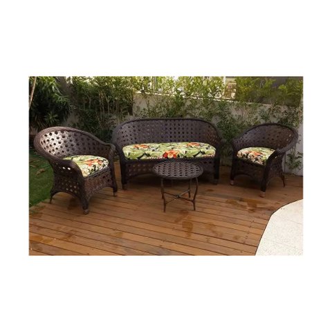 Conjunto Sofá para Jardim Bali Trançado Fibra Sintética Sofá 2 Lugares 2 Poltronas e  Mesa de Centro