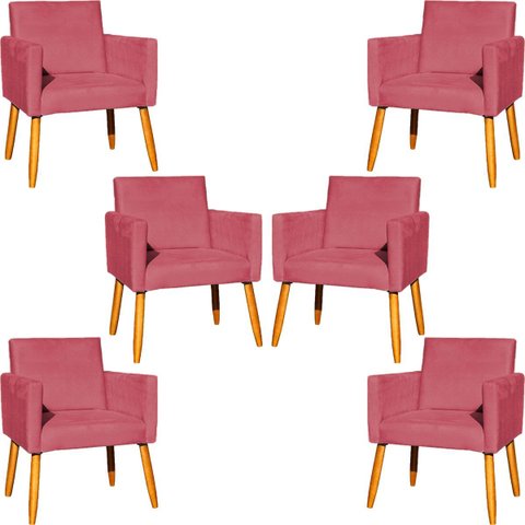 Kit 6 Poltronas Decorativas para Sala para Recepção Consultório Nina Suede Cores Pé Palito 30cm Cast