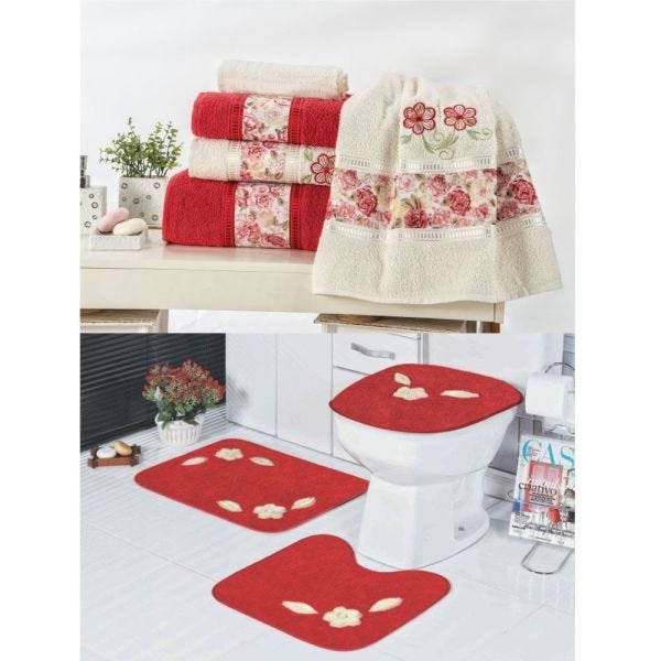Kit Decoração Banheiro = Toalhas de Banho Passione + Jogo de Tapete Margarida Única - Vermelho - 1
