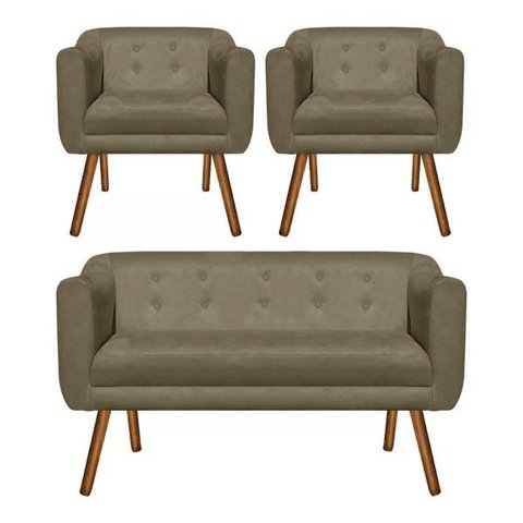 Kit Sofá Retrô Namoradeira 02 Lugares e 02 Poltronas Julia​ Suede Marrom Rato - D'Rossi