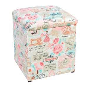 Puff Decorativo Baú Dani Quadrado Estampado Retrô Rosa D61