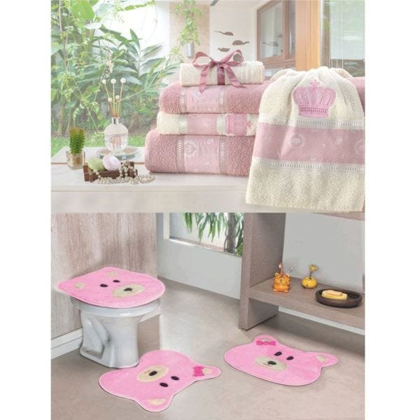 Kit Decoração Banheiro = Toalhas de Banho Coroa + Jogo de Tapete Ursinha - Rosa - 1