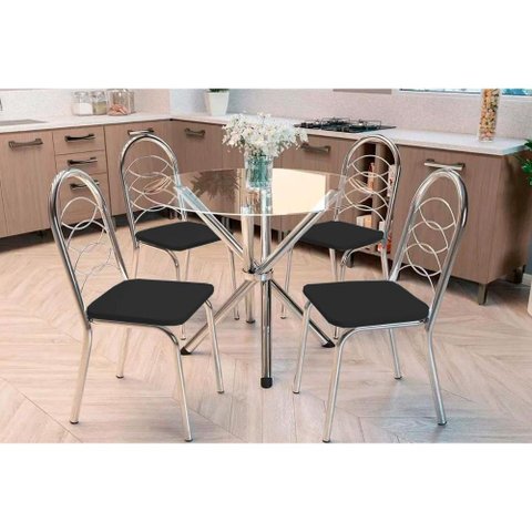 Sala de Jantar Completa Volga C/ Tampo de Vidro 95x95cm e 4 Cadeiras Holanda Cromada - Preto -